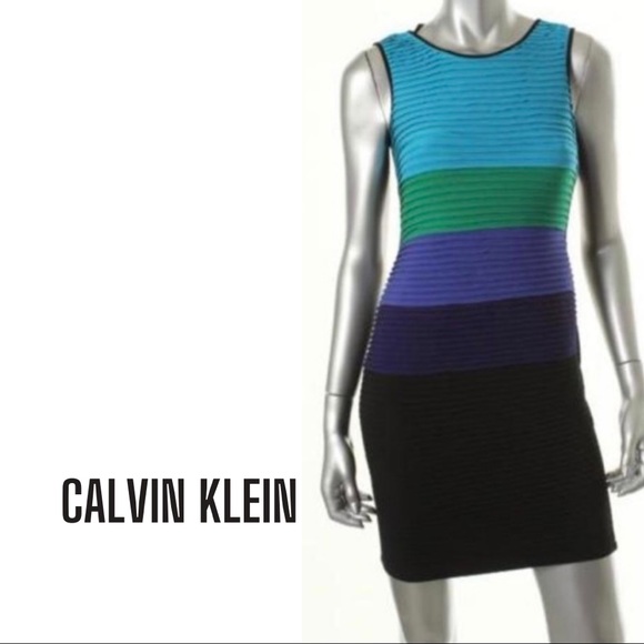 Calvin Klein Blue Green Black Shutter Pleat Colorblock Party Dress 12, NWT - Picture 1 of 2